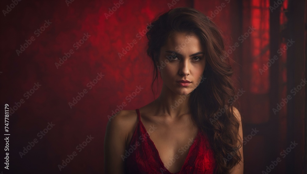 Fototapeta premium Sultry portrait of a charismatic woman with an intense gaze against a red textured backdrop