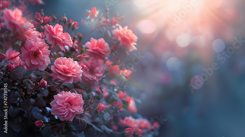 Fantasy mysterious spring floral banner with blooming pink rose flowers on blurred blue background and sun rays