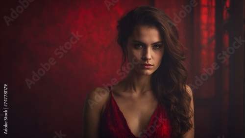 Sultry portrait of a charismatic woman with an intense gaze against a red textured backdrop