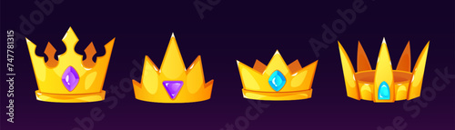 Golden crowns set isolated on black background. Vector cartoon illustration of royal symbol, gold metal jewelry with gem stone decoration, medieval treasure design, king or queen accessory, game rank