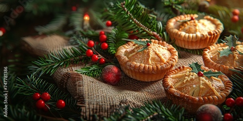 Festive season delight with freshly baked mince pies surrounded by Christmas decorations