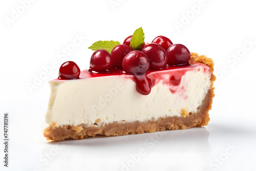 Slice of cheesecake cake with cherry fruits on white background
