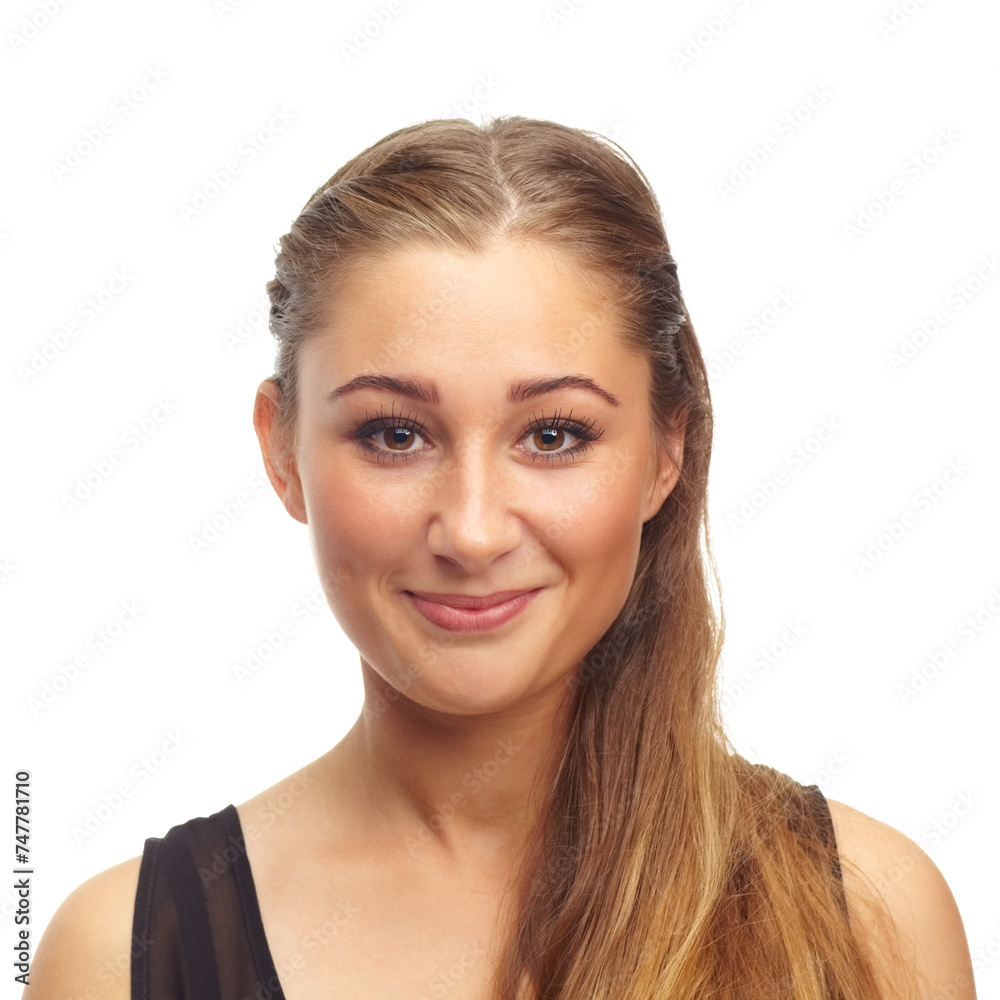Casual, makeup and portrait of woman with beauty in studio, white background and mock up space. Cosmetics, skincare and girl with happiness from healthy dermatology on skin with pride and confidence
