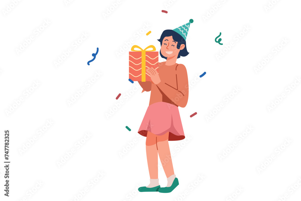 Girl Carrying A Gift Box Appears Joyful | Friendship Party Illustration