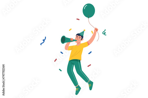 Boy Was Leaping Cheerfully While Blowing A Trumpet And Holding a Balloon | Friendship Party Illustration