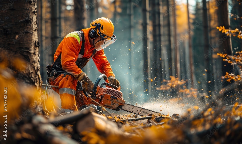 Lumberjack worker with chainsaw is sawing a log tree in deep green forest. sawing tree trunk by chainsaw detail - obrazy, fototapety, plakaty 