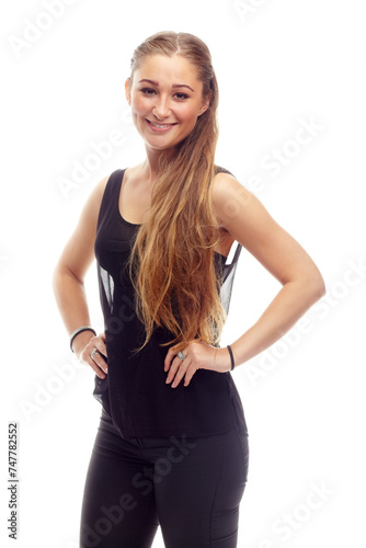 Happy woman, portrait and confidence for outfit in studio, casual style and aesthetic on white background. Female person, smile and pride for gen z culture, university student and designer clothes