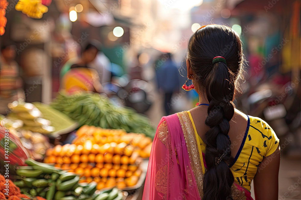 Back view of young Indian woman wearing traditional clothes on the street market