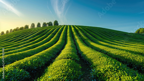 Long parallel rows of green tea plantations in sunny weather