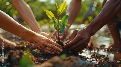 volunteer planting mangrove forests, earth day and save the world, green energy.