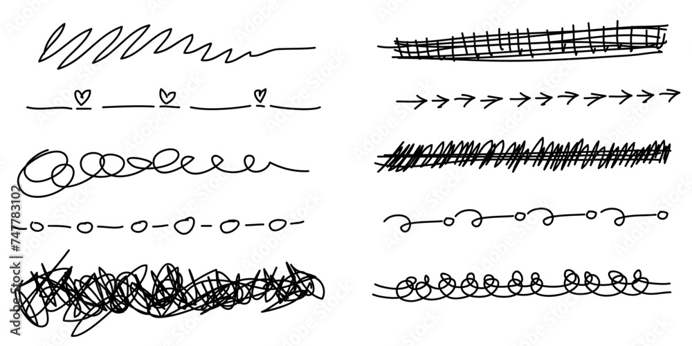 Hand drawn set of Border, underline, curly swishes, swashes, swoops. swirl, scribble. Highlight text elements. doodle vector illustration