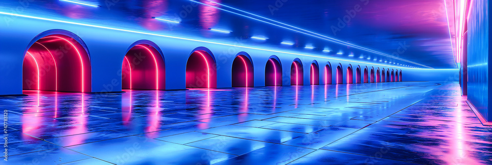 Futuristic Tunnel with Modern Lights, Abstract and Vibrant Neon Design, Architecture and Urban Interior, Technology and Fashionable Illumination Concept, Bright and Colorful Background