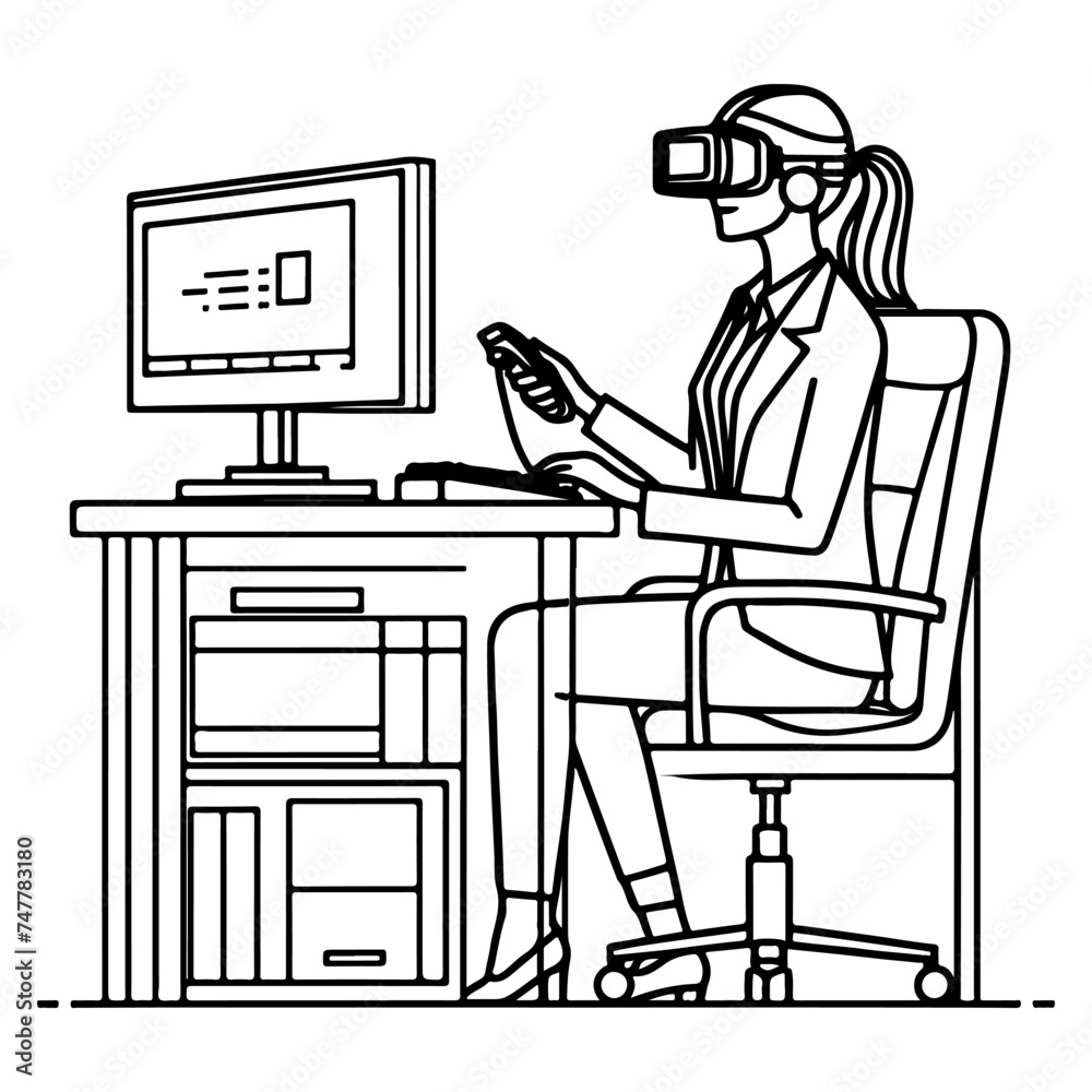 Fototapeta premium single continuous drawing black line art linear businesswoman in office using virtual reality headset simulator glasses with computer doodle style sketch vector