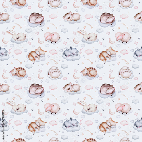 Watercolor pattern for children with sleeping sheep and elephant. print for baby fabric, seamless cat, koala bunny and fox animals pink with beige and blue clouds, moon, sun. Nursery deer print