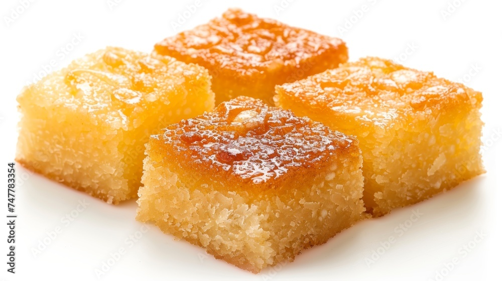 Basbousa,A semolina cake soaked in syrup in syrup Ramadan dessert.Isolated on white background. Basbousa,A semolina cake soaked in syrup in syrup Ramadan dessert.Isolated on white background.
