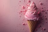 Top view banner pink ice cream in waffle cone on pink background, copy space