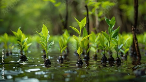 Close up of nursery seedlings mangrove forest to save intact environment  Conservation and restoration of mangrove forests.