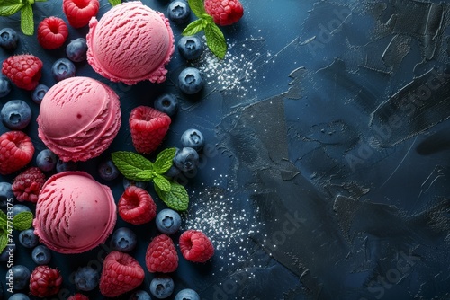 Banner of a set of pink ice cream balls with fresh berries on a blue background, top view, copy space