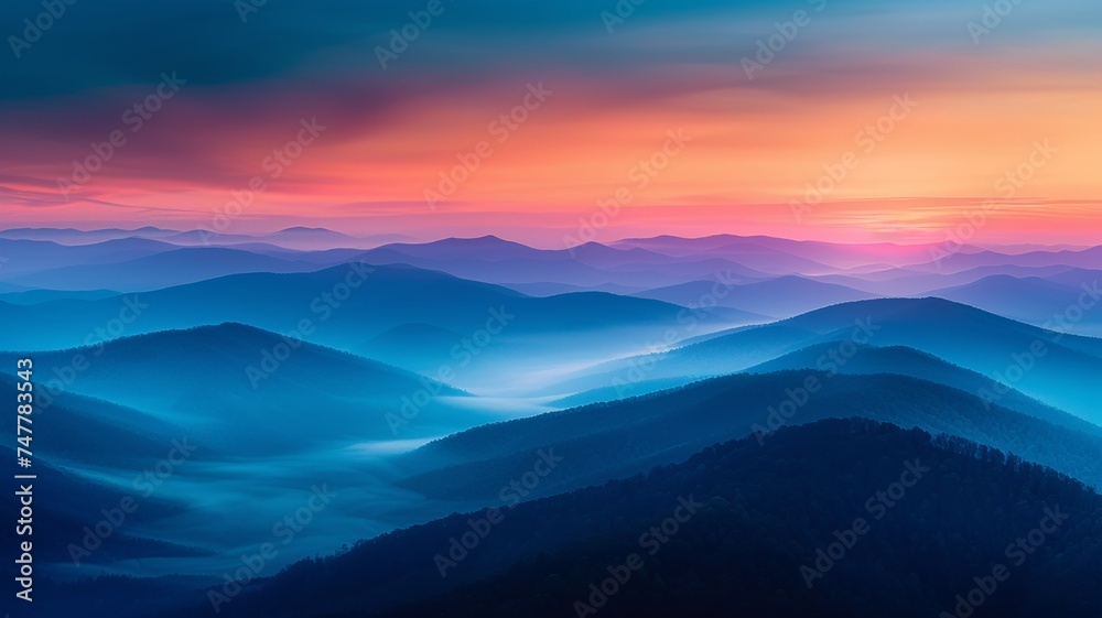 Dawn's embrace over serene mountain range with sky awash in pink and blue hues. - obrazy, fototapety, plakaty 