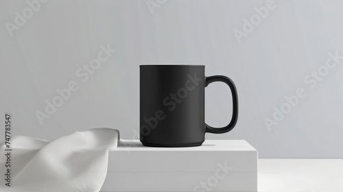 black coffee cup on podium mock up isolated on white background, Suitable for various marketing and promotional materials