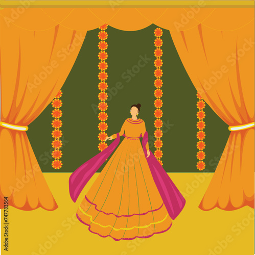 Haldi Bride Illustration in traditional dress for Haldi Invitation, Indian Haldi Ceremony, E-invite