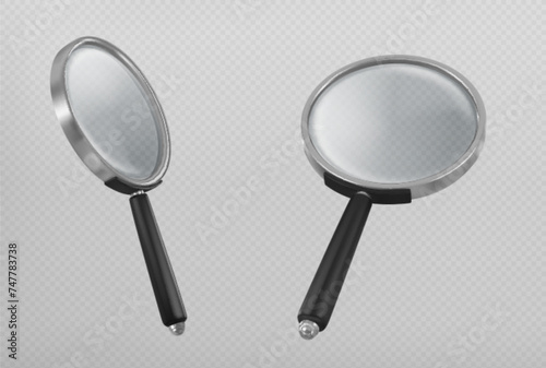 Magnify glass in different view angles. Realistic vector set of metal loupe with plastic handle and transparent enlarge lens for search or focus concept. Optical equipment for magnification and zoom.