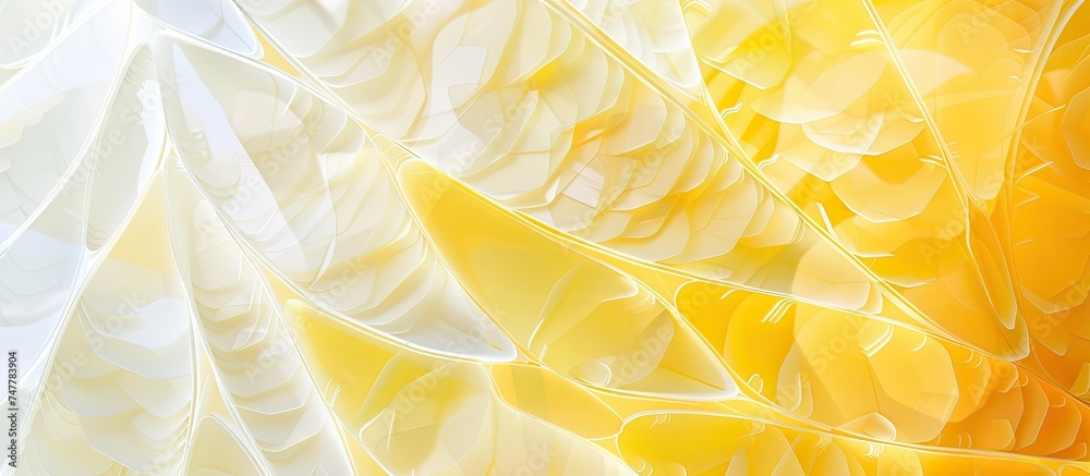 A detailed view of a yellow and white paper fan, showcasing intricate patterns resembling butterfly wings. The vibrant colors and delicate folds create a striking visual texture.