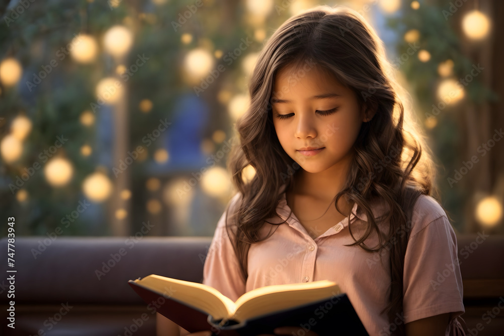 A girl reading bible with a dramatic background A girl reading bible with a dramatic background