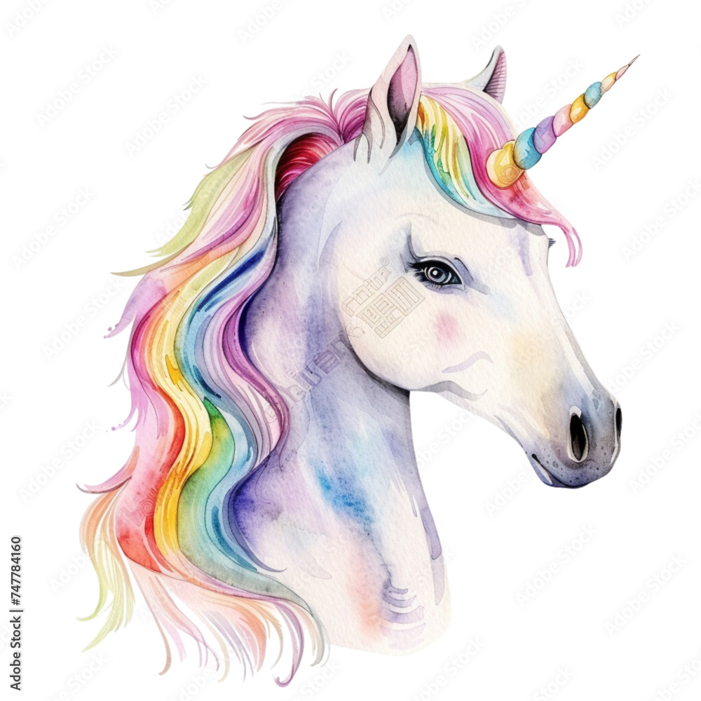 Vibrant Watercolor Unicorn Head with Rainbow Mane