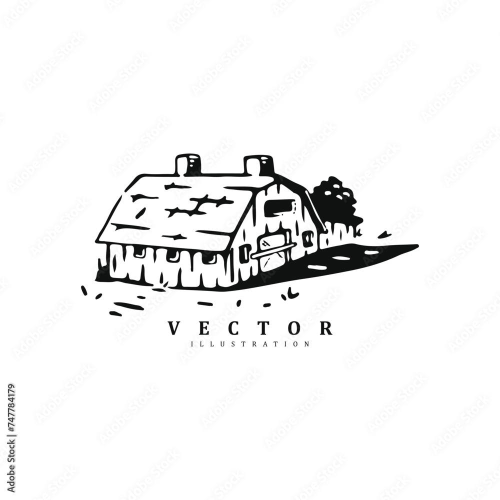 Vintage retro hand drawn countryside barn farm building vector art illustration