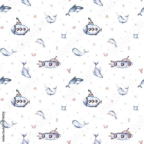 Watercolor seamless pattern with cute cartoon kids submarine, corals, seahorse fish and dolphin. Texture for wallpaper, print, , cover design, travel, fabric, kids design.