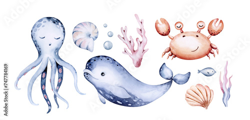 Set of sea animals. Blue watercolor ocean fish, turtle, whale and coral. Shell aquarium mermaid submarine. Nautical dolphin marine illustration, jellyfish, starfish