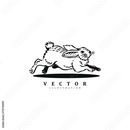 Vintage hand drawn jumping cute rabbit bunny vector logo design