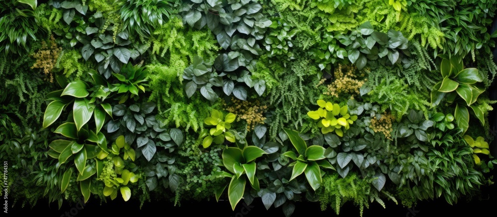 Fototapeta premium A vertical garden wall covered in a variety of vibrant green plants, creating a lush and eco-friendly display that adds a touch of nature to the space. The plants are thriving and growing vigorously,