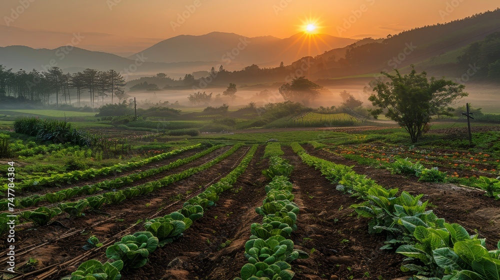 early morning at a farm, where the day begins with the harvest of fresh produce for the market