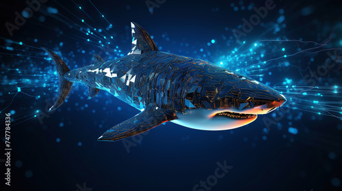 Big data visualization where a digital shark swims in the data stream. Futuristic background. Generative AI © kovalovds