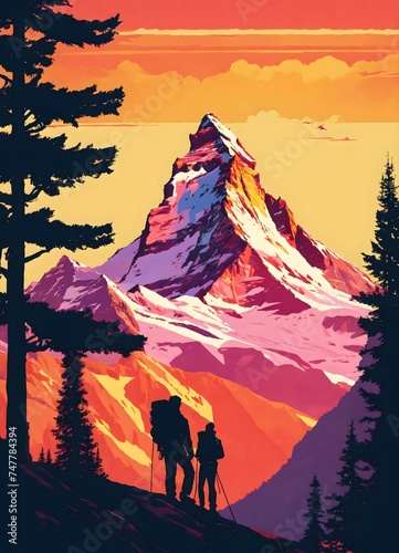silhouette of hikers in the mountains