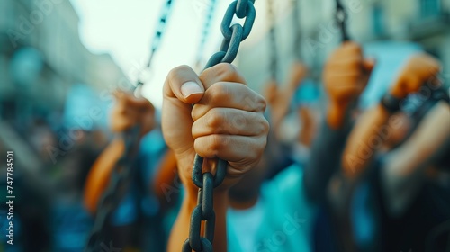 Hands Breaking Chains, Blurred Protest Scene: Pursuit of Liberation and Overthrow of Oppressive Systems - Revolution Against Social inequality photo