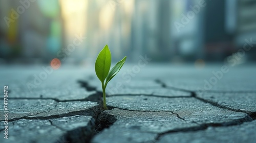 Resilience and Growth Symbolized: Seedling Pushing Through Cracked Pavement with Blurred Urban Skyline - Nature Revival