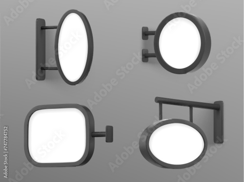 Mockup of signboard attached to wall at entrance of store or cafe. Realistic vector set of signage with white empty frame of round, square and oval shape. Vertical and horizontal display board.