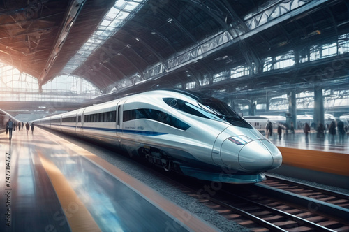 High-speed train running on the railway arriving at the station, futurism. Generative AI