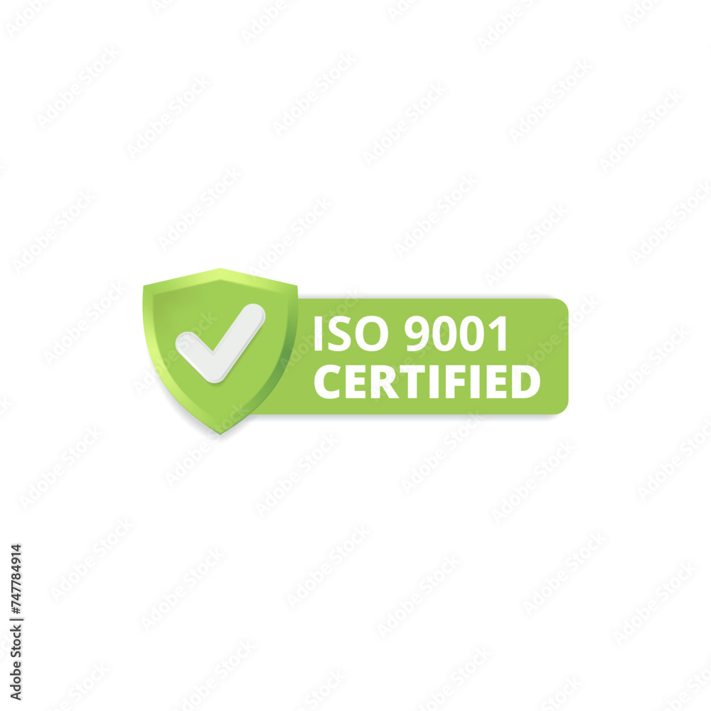 ISO 9001 Certified Badge Logo, Green Shield White Check Mark Vector ISO 9001 Certified Badge Logo, Green Shield White Check Mark Vector