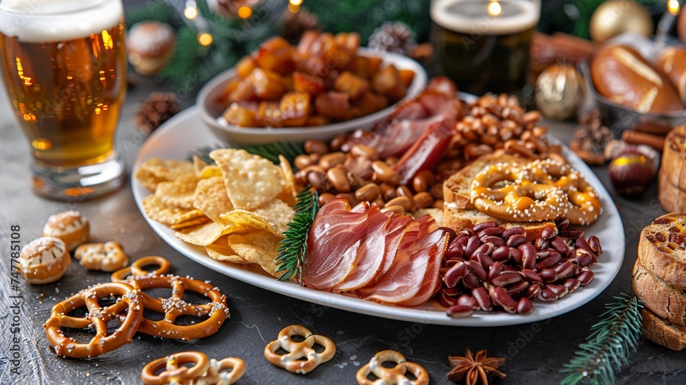 A variety of savory snacks and nibbles arranged for a festive gathering with cold beer