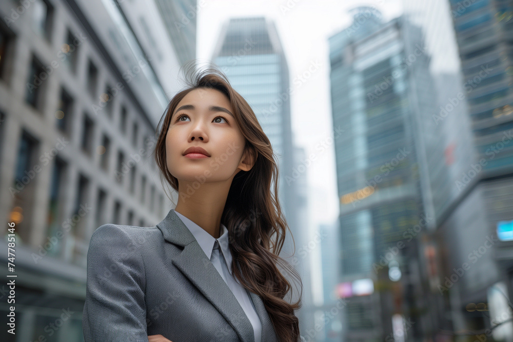 confident asian businesswoman standing proud, tall grey skyscrapers in a large city as background, dynamic and powerful woman in the corporate world concept confident asian businesswoman standing proud, tall grey skyscrapers in a large city as background, dynamic and powerful woman in the corporate world concept