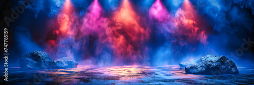 Mysterious Fog and Galaxy Effect, Abstract Dark Space with Neon Lights, Futuristic Club or Stage Background