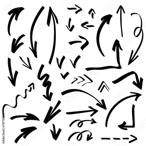 Vector set of abstract curved bold arrows Hand drawn grunge lines. Isolated elements for design.