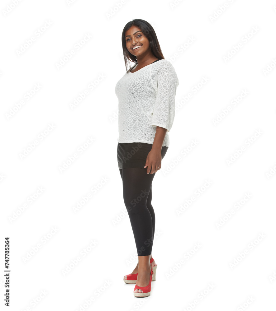 Indian woman, fashion and portrait in studio with style, pride and trendy outfit by white background. Girl, person or model with edgy clothes, smile and happy for confidence, excited and casual shirt Indian woman, fashion and portrait in studio with style, pride and trendy outfit by white background. Girl, person or model with edgy clothes, smile and happy for confidence, excited and casual shirt