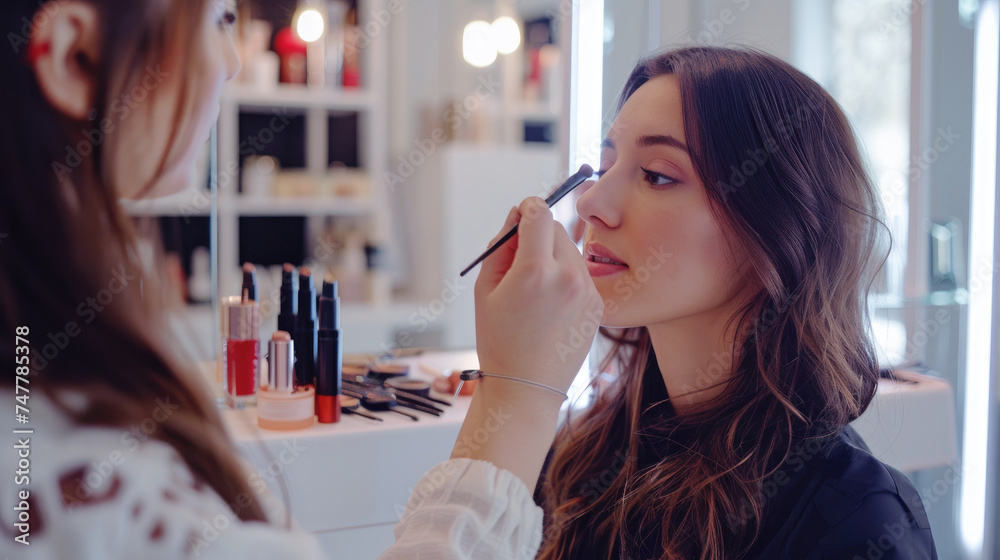 A makeup artist does makeup for a beautiful woman. A makeup artist does makeup for a beautiful woman.
