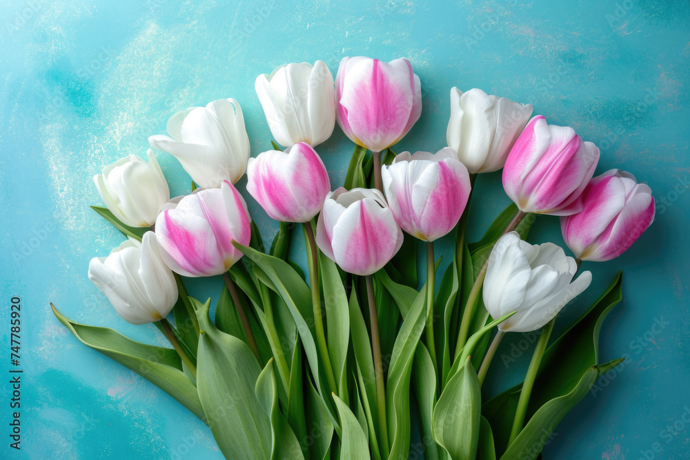 Beautiful white and pink tulips arranged on blue surface, perfect for spring-themed designs