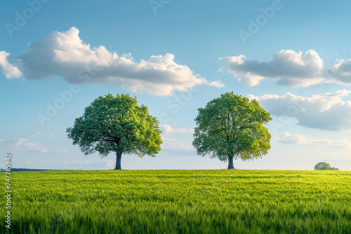 Two trees standing in field of green grass